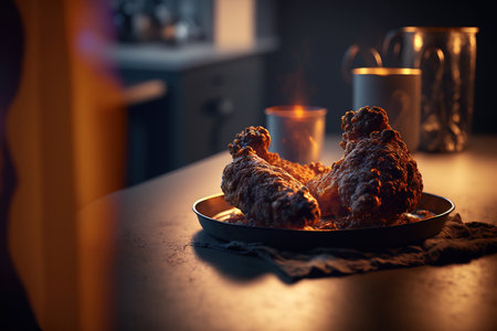 Fried chicken legs on a plate with a burning candle in the backgroundの素材