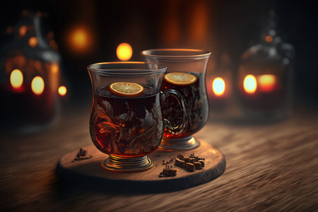 Two glasses of black tea with lemon and spices on a wooden table with burning candles in the background.の素材