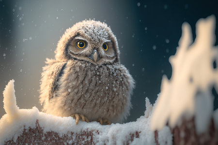 Beautiful owl sitting on a fence covered with snow in winter.の素材