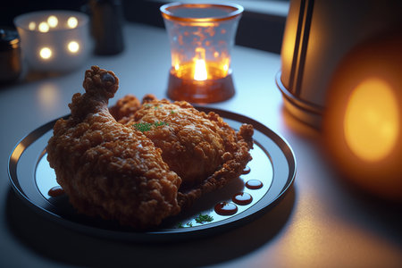 fried chicken on a black plate with candles on a table in the darkの素材