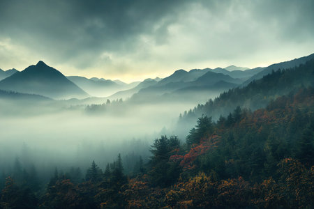 Foggy morning in the mountains. Beautiful autumn landscape.の素材