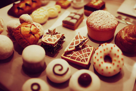 Closeup of assorted sweets and cookies on a table. Sepia filter.の素材