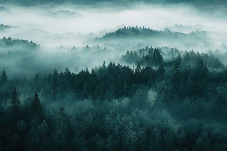 Foggy morning in the coniferous forest. Scenic landscape.の素材