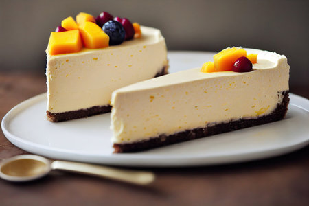 Cheesecake with fresh berries and mango on wooden table. Selective focus.の素材