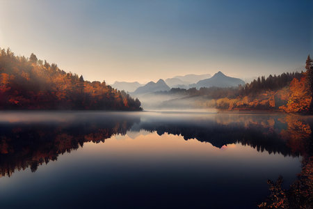 Beautiful autumn landscape with mountain lake and foggy forest at sunriseの素材