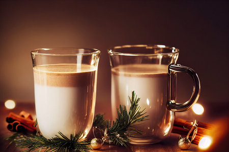 Two cups of cappuccino with christmas decoration on wooden backgroundの素材