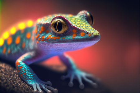 Close-up view of a colorful gecko on a dark background.の素材