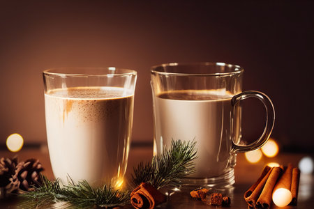 Two glasses of Christmas eggnog with cinnamon and cardamomの素材