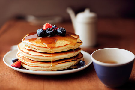 Stack of pancakes with fresh berries and maple syrup on wooden table.の素材