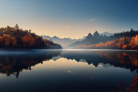 Colorful autumn landscape with lake and mountains reflected in water at sunriseの素材