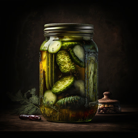 Glass jar with pickled cucumbers and spices on a dark backgroundの素材