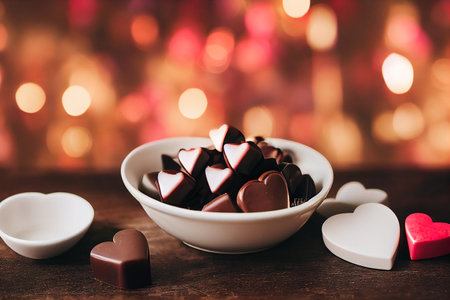 Heart shaped chocolate candies in bowl on wooden table and bokeh backgroundの素材