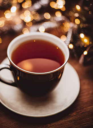 Cup of tea on a wooden table with Christmas lights in the backgroundの素材