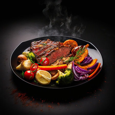 grilled beef steak with vegetables on a black plate on a black backgroundの素材
