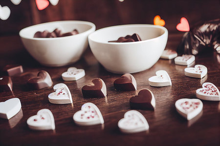 Heart shaped chocolate candies on wooden background. Valentine's day.の素材