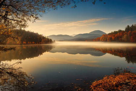 Beautiful autumn landscape with misty lake in Carpathian mountainsの素材