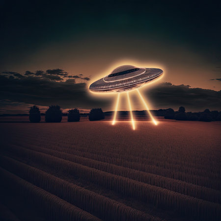 UFO flying saucer over the field.の素材