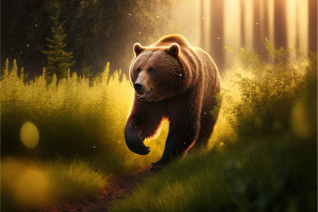 Grizzly bear running in the forest.の素材