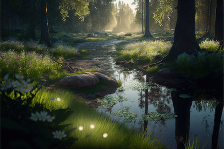 Beautiful morning in the forest. Spring landscape. Morning in the forest.の素材