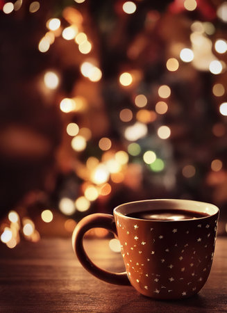 Cup of coffee on wooden table in front of christmas lightsの素材
