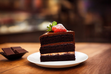 Chocolate cake with strawberries on a wooden table in a cafÃ©.の素材
