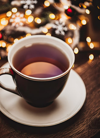 Cup of hot tea on wooden table in front of Christmas treeの素材