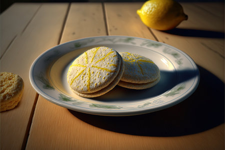 Lemon cookies on a plate with a lemon on a wooden tableの素材