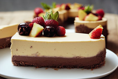 Chocolate cheesecake with fresh berries on a white plate, selective focusの素材