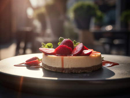 Strawberry Cheesecake with fresh strawberries on wooden plate.の素材