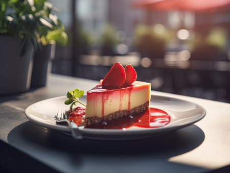 Strawberry cheesecake on a white plate on a table in a cafÃ©の素材