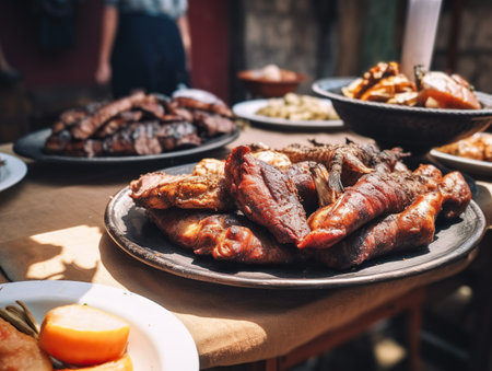 Grilled meat on a plate at a street food festival in India.の素材