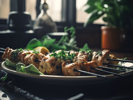 Grilled chicken skewers with lemon and herbs on a plate.の素材