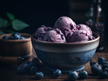 Homemade blueberry ice cream in bowl on rustic wooden backgroundの素材