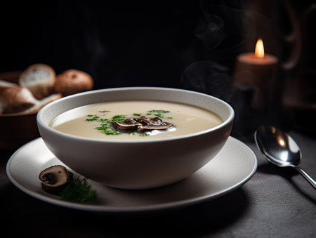 Delicious mushroom soup in a white bowl on a dark background.の素材