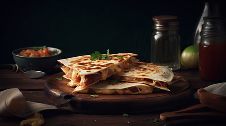 Traditional Mexican quesadilla on wooden board against dark background.の素材