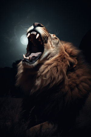 Portrait of a lion yawning in the dark with smoke.の素材