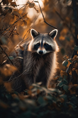 Raccoon in the autumn forest. Wild animal in nature.の素材