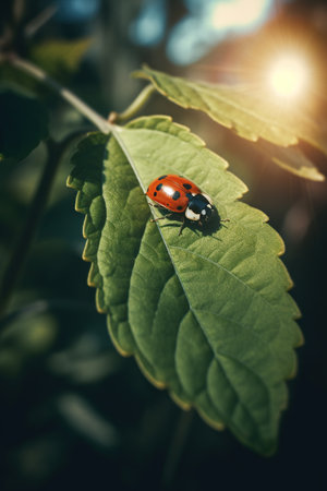 ladybug on a green leaf in the rays of the sunの素材