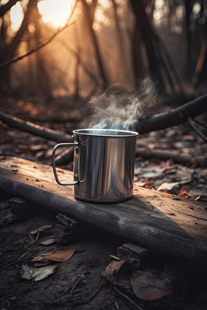 Mug of hot tea at the campfire in the forest.の素材