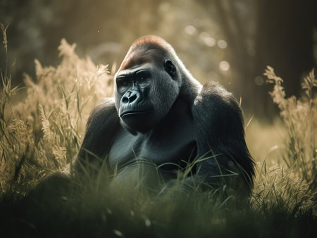 Western lowland gorilla resting in tall grass.の素材