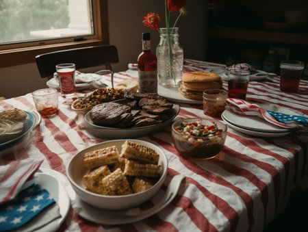 Patriotic dinner table with burgers, cookies, snacks and drinksの素材