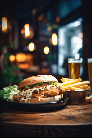 Hamburger with French fries and beer on wooden table in pubの素材