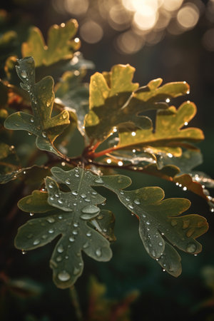 Leaves of an oak with drops of dew in the morning lightの素材