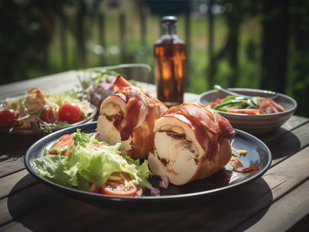 Chicken roll with salad and tomato on a wooden table in the gardenの素材