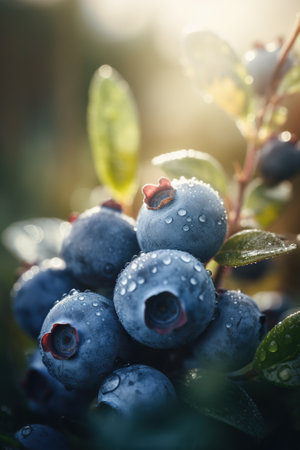 Fresh ripe blueberries with dew drops in the forest. Shallow depth of field.の素材