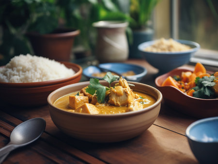 Indian chicken curry with rice in bowl on wooden table, selective focusの素材