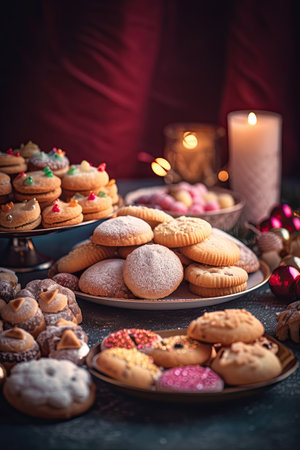Christmas assorted cookies on a festive table.の素材