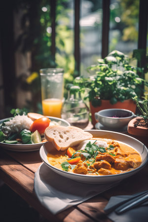 Indian chicken curry with rice and vegetables in a bowl on wooden tableの素材