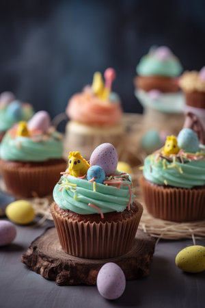 Easter cupcakes with butter cream and chocolate eggs. Selective focusの素材