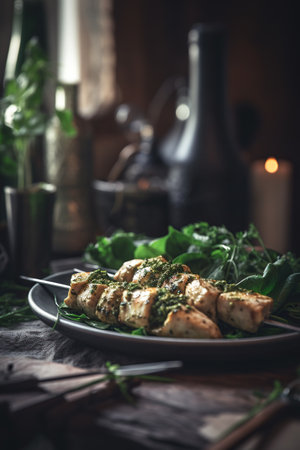 Grilled chicken breast with herbs and olive oil on rustic backgroundの素材